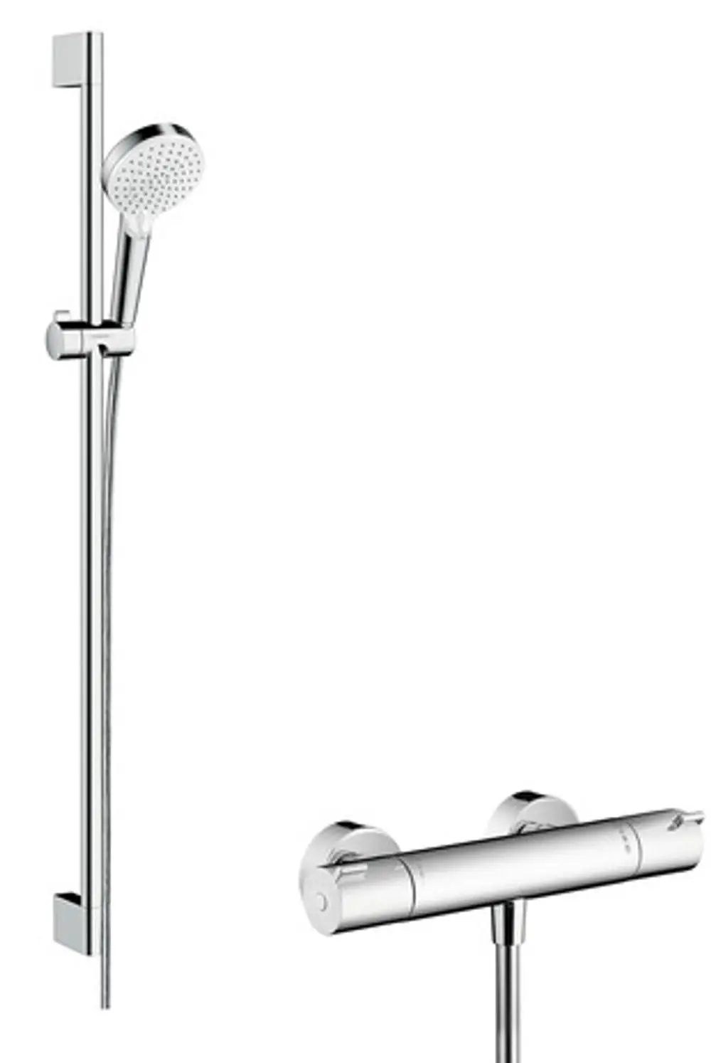 Hansgrohe Duschsystem mit Handbrause, regulierbarem Thermostat und Vertikalstange in chromfarbenem Design. Schlichte Montage für Badezimmer.